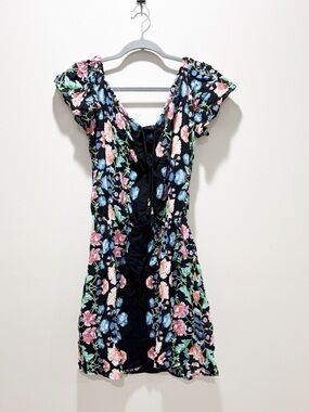 Nanette Lepore Black Floral Mini Swim Sun Dress with Colorful Blooms Rayon Sz M